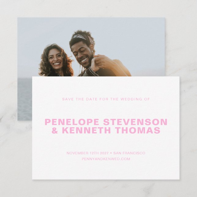 Einfache Hochzeit der modernen rosa Verlobung Foto Save The Date (Vorne/Hinten)