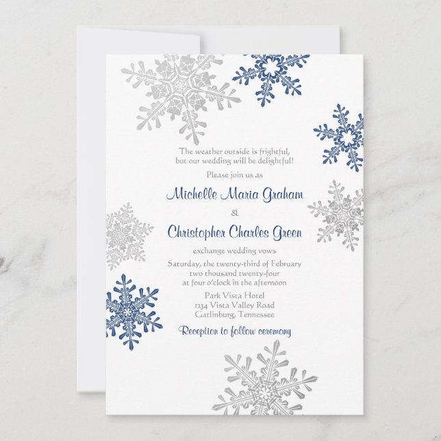 Einfache Hochzeit der Navy Blue Silver Winter Snow Einladung (Vorderseite)