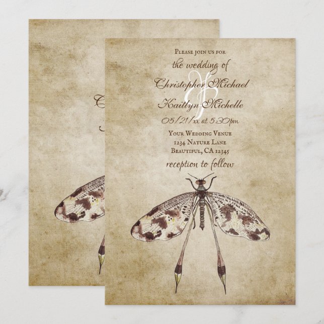 Einfache Hochzeit der Vintagen Libelle Einladung (Vorne/Hinten)