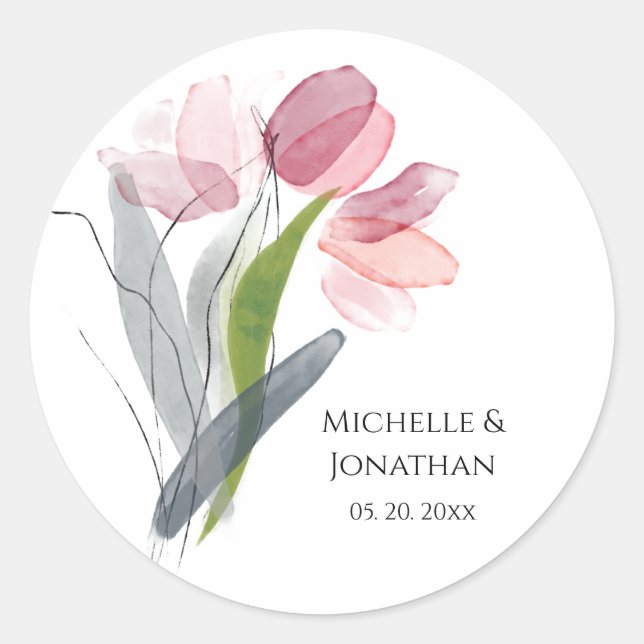 Einfache Hochzeit der Wasserfarbe Rosa Tulpen Runder Aufkleber (Vorderseite)