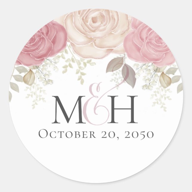 Einfache Hochzeit des Burgundy Floral Monogram Runder Aufkleber (Vorderseite)