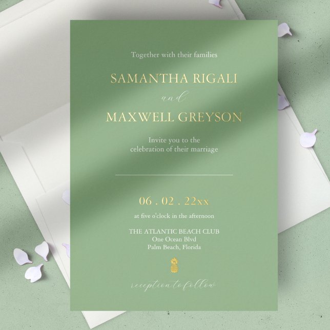 Einfache Hochzeit des Green Nautical Beach Folieneinladung (wedding invitation sage green and gold foil minimalistic design. )