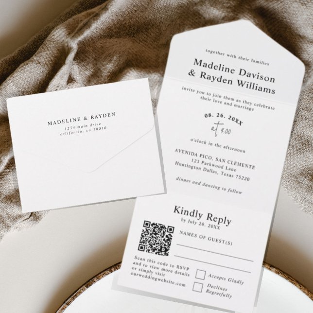 Einfache Hochzeit des modernen Schwarz-Weiß-QR-Cod All In One Einladung (Von Creator hochgeladen)