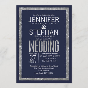 Einfache Hochzeit des Navy Blue Silver Glitzer Seq Einladung