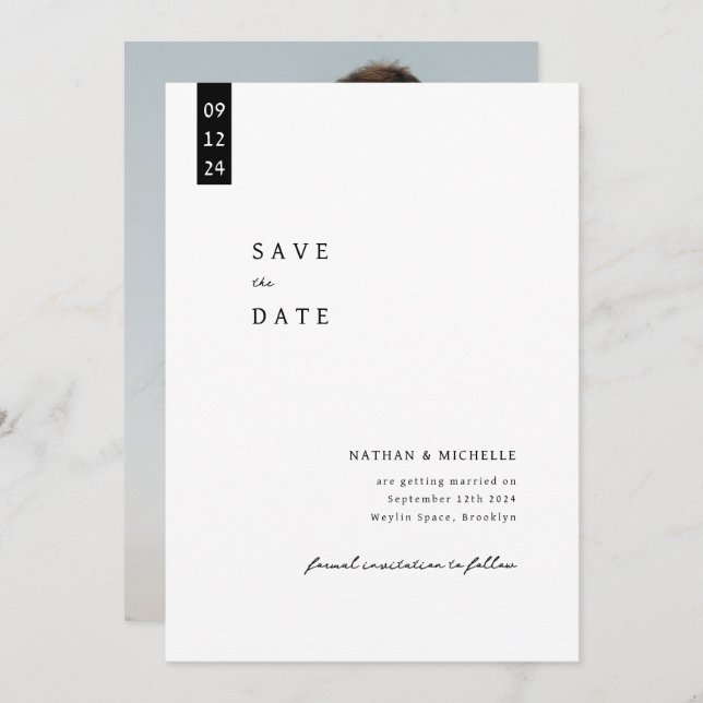 Einfache Hochzeit für ein elegantes Script-Foto Save The Date (Vorne/Hinten)