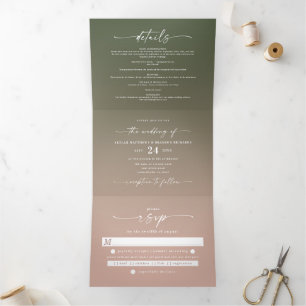 Einfache Hochzeit Grün & Dusty Blush Pink Ombre Dreifach Gefaltete Einladung
