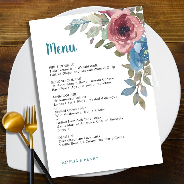Einfache Hochzeit in Blau und Rosa Menükarte (Von Creator hochgeladen)