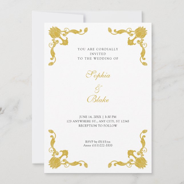 Einfache Hochzeit in Gold und Weiß Einladung (Vorderseite)