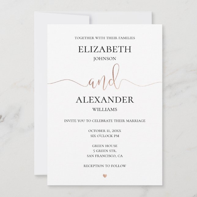 Einfache Hochzeit in Gold und Weiß. Elegante Kalli Einladung (Vorderseite)