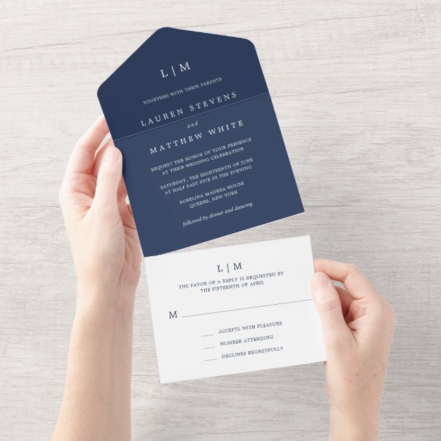 Einfache Hochzeit in Navy Blue Monogram All In One Einladung (Abreißen)