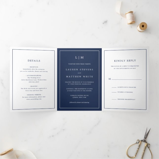 Einfache Hochzeit in Navy Blue Monogram Dreifach Gefaltete Einladung (Innenseite)