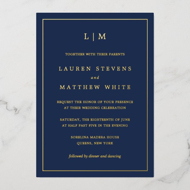 Einfache Hochzeit in Navy Blue Monogram Folieneinladung (Vorderseite)