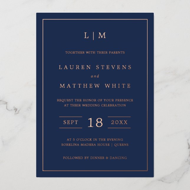 Einfache Hochzeit in Navy Blue Monogram Folieneinladung (Vorderseite)