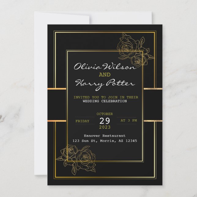 Einfache Hochzeit in Schwarz, Weiß und Gold Einladung (Vorderseite)