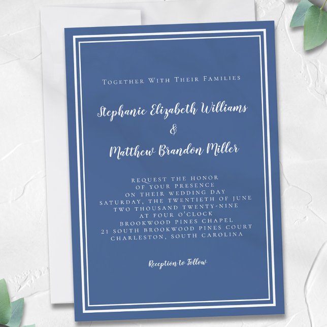 Einfache Hochzeit Minimalistisch Chic Classic Blue Einladung (Simple Modern Wedding Minimalist Chic Classic Navy Blue Invitation)