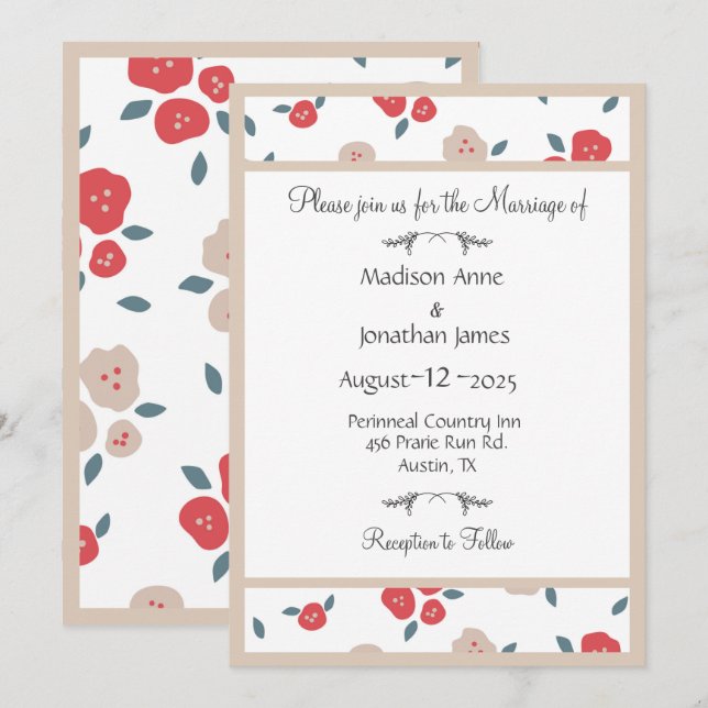 Einfache Hochzeit mit Blumenrot Hübsch Einladung (Vorne/Hinten)