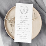 Einfache Hochzeit mit botanischem Wappen Menükarte<br><div class="desc">Mit Monogramm Initialen gerahmt von elegantem Wappen und Hand illustrierte botanische Blätter,  Menüdetails in elegantem Drehbuch und klassischen Schriftart,  einfach und luxuriös. Große schwarz-weiße Speisekarte für moderne klassische Hochzeit,  einfache formelle Hochzeit,  elegante botanische Gartenhochzeit. Sehen Sie sich alle passenden Stücke in der Sammlung an.</div>