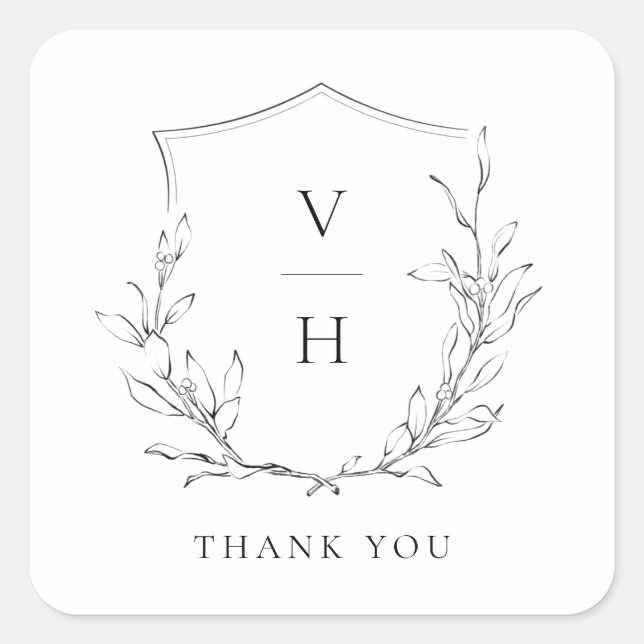 Einfache Hochzeit mit botanischem Wappen Quadratischer Aufkleber (Vorderseite)