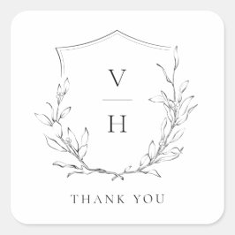 Einfache Hochzeit mit botanischem Wappen Quadratischer Aufkleber