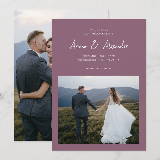 Einfache Hochzeit mit Lila Foto Save The Date (Vorne/Hinten)