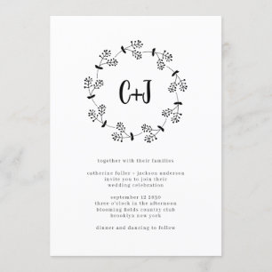 Einfache Hochzeit mit Minimalistischem Kranz Einladung