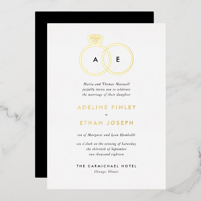 Einfache Hochzeit mit modernen Rings Monogram Folieneinladung (Vorderseite/Rückseite)