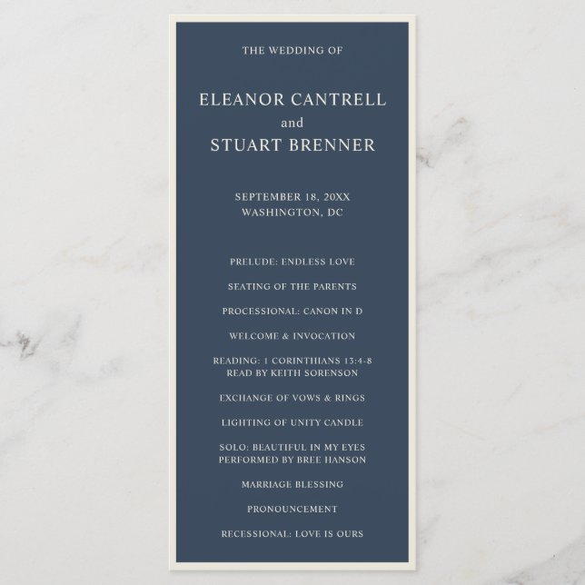 Einfache Hochzeit mit navyblauer und elfenbeinfarb Programm (Vorderseite)