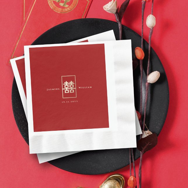 Einfache Hochzeit mit Rectangle für chinesisches G Serviette (Red/ Gold Simple Rectangle Double Happiness 囍 Chinese Wedding Paper Napkins @ fatfatin_red_knot)