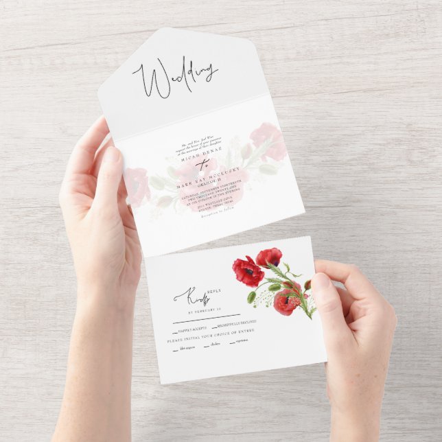 Einfache Hochzeit mit Rotem Flor All In One Einladung (Abreißen)