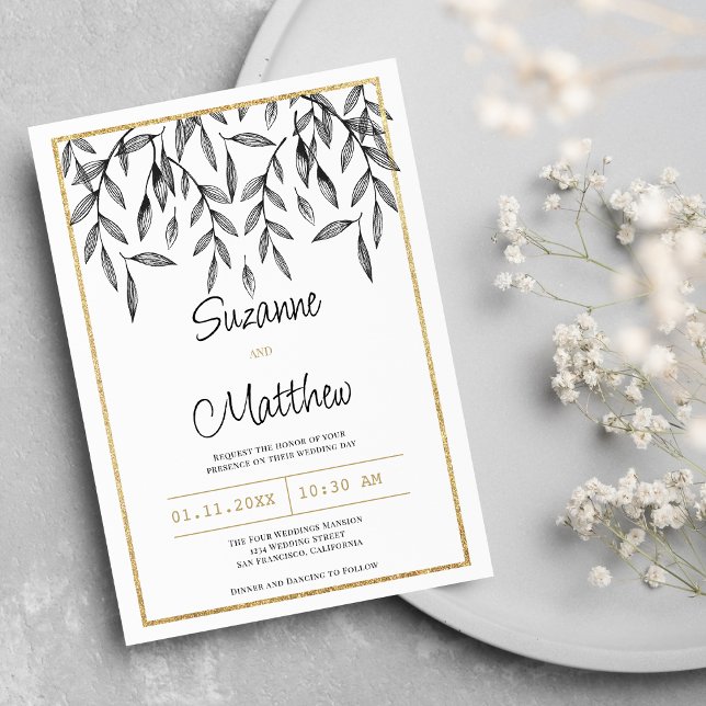 Einfache Hochzeit mit Schwarz-weißem Blattgold Einladung (Simple black white gold floral foliage wedding)