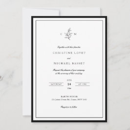 Einfache Hochzeit mit schwarz-weißem Blattwerk Einladung