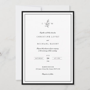 Einfache Hochzeit mit schwarz-weißem Blattwerk Einladung