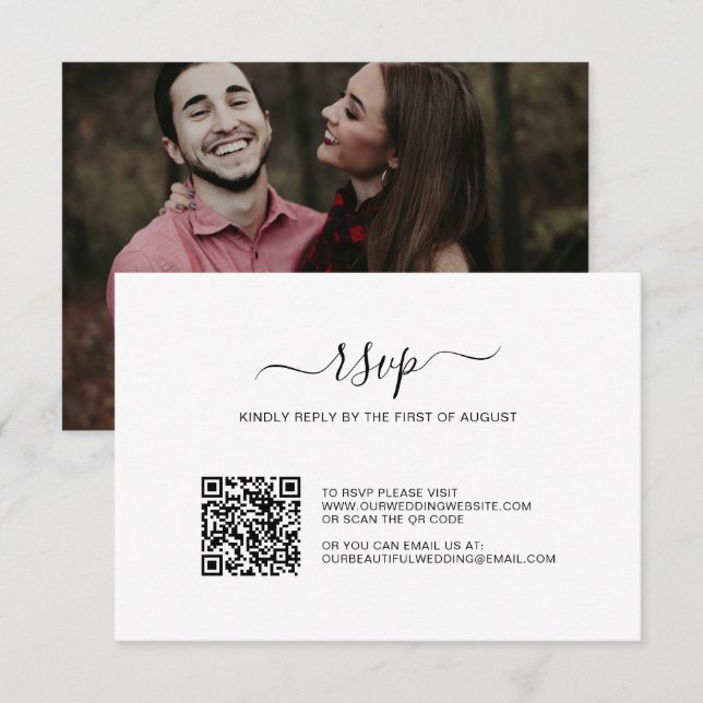 Einfache Hochzeit mit schwarzem und weißem Foto RSVP Karte (Vorne/Hinten)