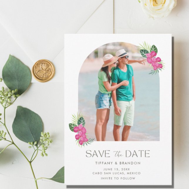 Einfache Hochzeit mit tropischer Blume Foto Beach Save The Date (Von Creator hochgeladen)