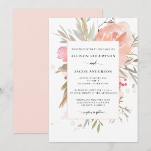 Einfache Hochzeit mit Wasserfarbe Rosa Blütenfarbe Einladung