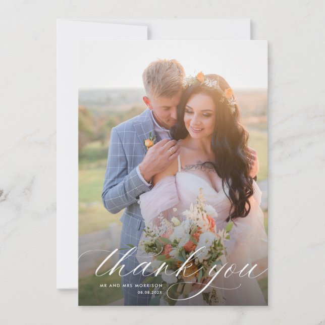 Einfache Hochzeit mit weißer Kalligrafie Dankeskarte (Vorderseite)