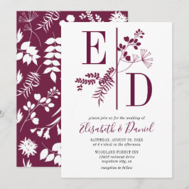 Einfache Hochzeit moderner Burgunder-Initialen Einladung