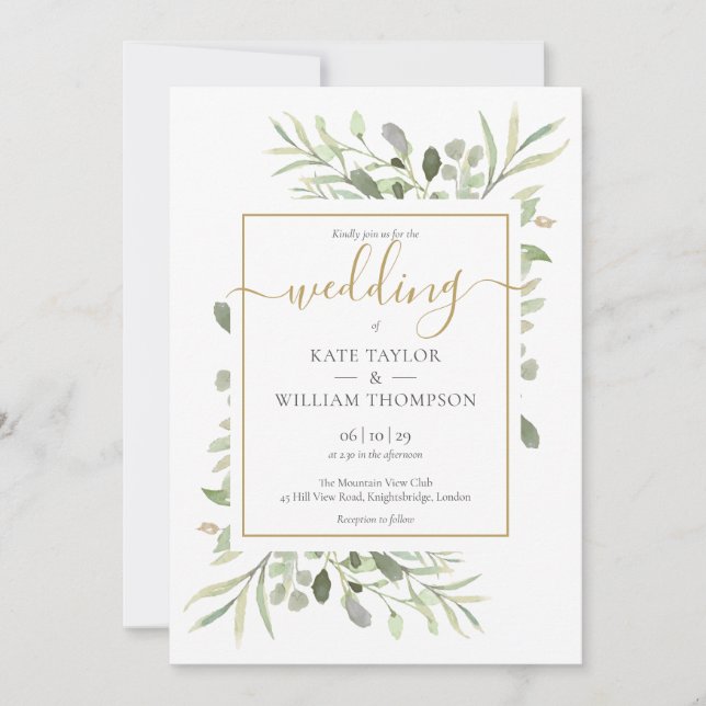 Einfache Hochzeit von Blätter mit Goldener Schrift Einladung (Vorderseite)