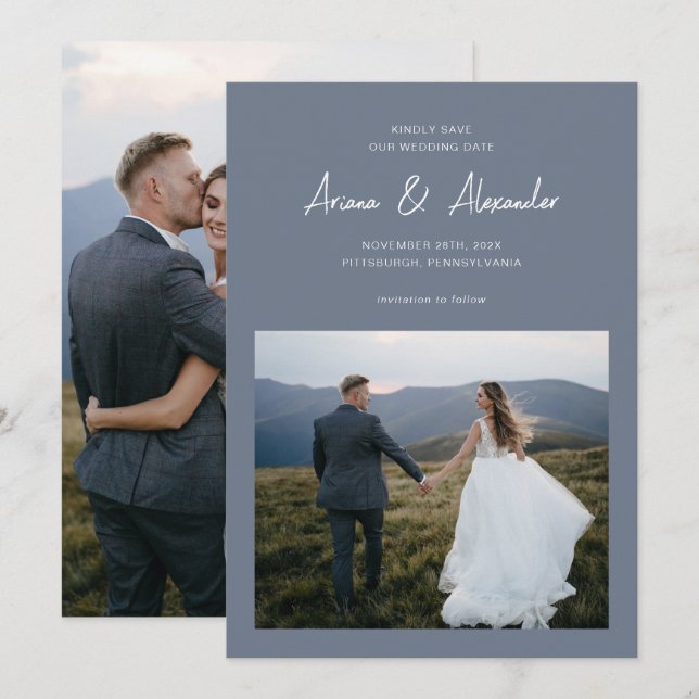 Einfache Hochzeit von Dusty Blue Script Foto Save The Date (Vorne/Hinten)