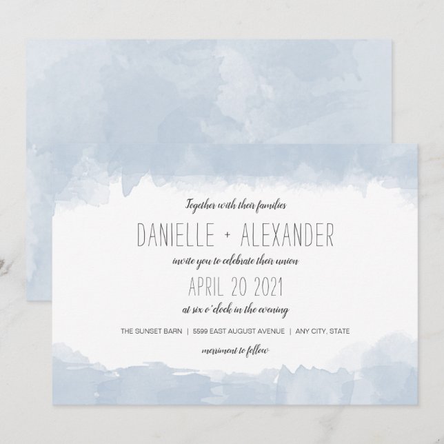 Einfache Hochzeit von Dusty Blue Watercolor Einladung (Vorne/Hinten)