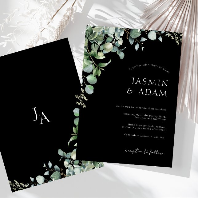 Einfache Hochzeit von Eukalyptus Monogram Einladung (Simple Black Greenery Eucalyptus Monogram Wedding Invitation)