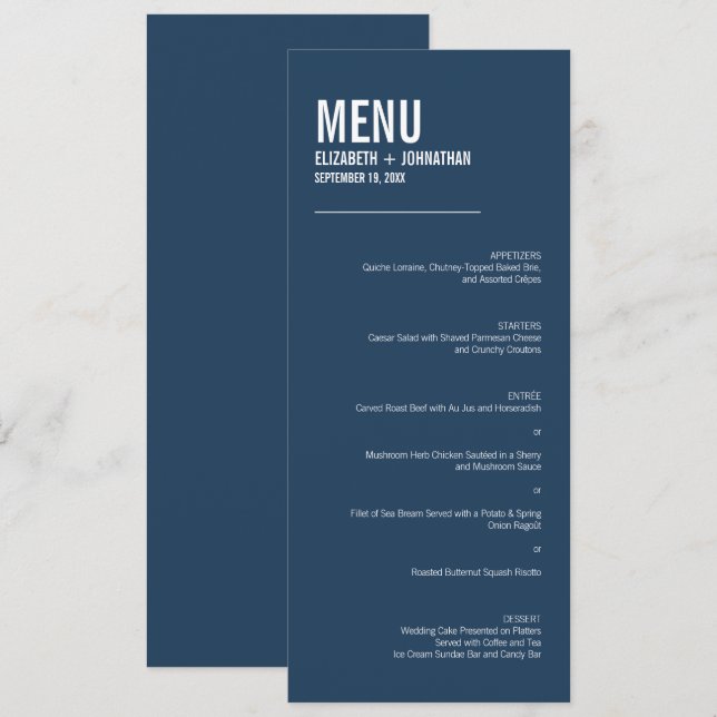 Einfache Hochzeit von Navy-Typografie Menükarte (Vorne/Hinten)