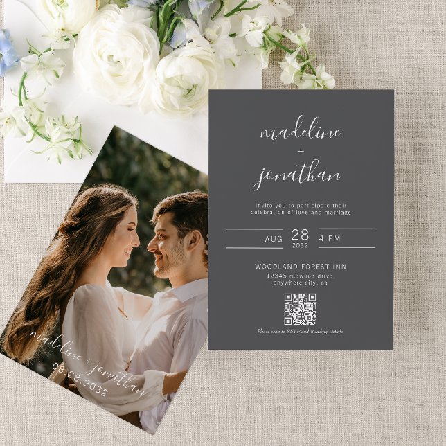 Einfache Hochzeit von Script Graue Foto QR Code UA Einladung (Von Creator hochgeladen)
