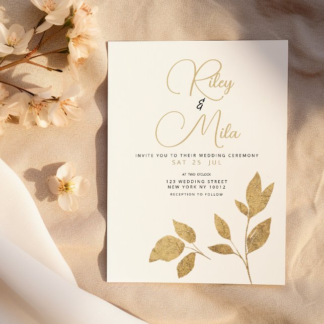Einfache Hochzeit von weißem goldgelbem Blattwerk Einladung (Simple luxury white gold foliage Wedding)