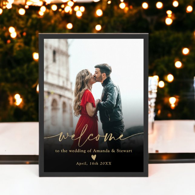 Einfache Hochzeitsempfehlung mit schwarzem Foto Poster (Simple minimalist black gold photo wedding welcome poster)