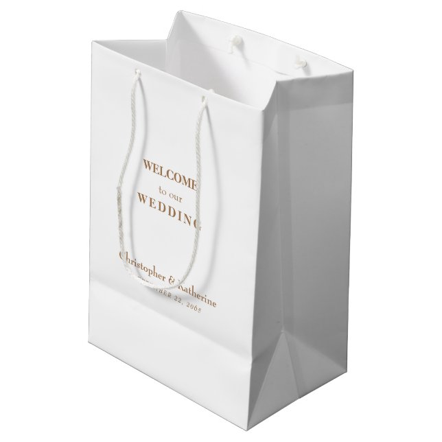Einfache Hochzeitsempfehlung mit White & Gold Mittlere Geschenktüte (Rückseite Schrägansicht)