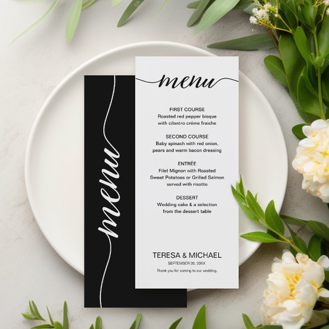 Einfache Hochzeitsmahlzeiten mit Schwarz und Weiß Menükarte (Simple, Chic black and white wedding menu.)