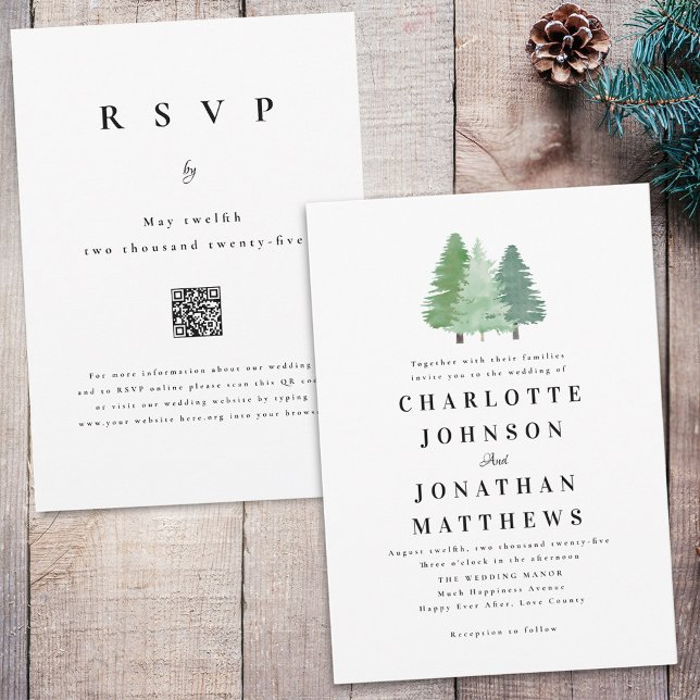 Einfache Hochzeitsstiftung QR-Code für Wasserfarbe Einladung (Modern simple watercolor woodland evergreen forest wedding qr code invitation Elegant typography )