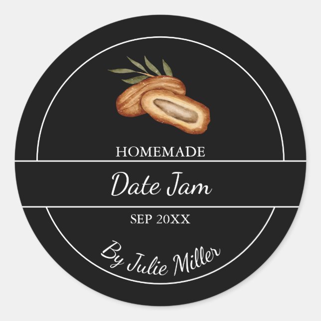 Einfache Homemade Date Jam Label | Schwarz Runder Aufkleber (Vorderseite)
