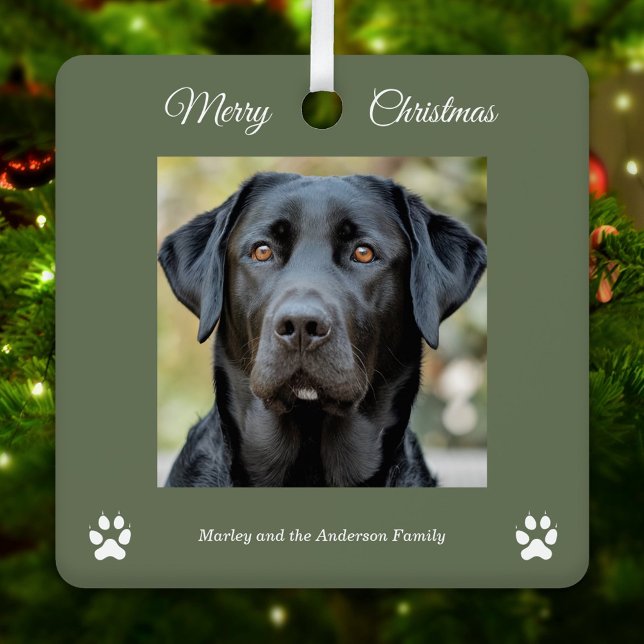 Einfache Hunde Foto Frohe Weihnachten Grün Ornament Aus Metall (Simple Dog Photo Merry Christmas Green Ornament)